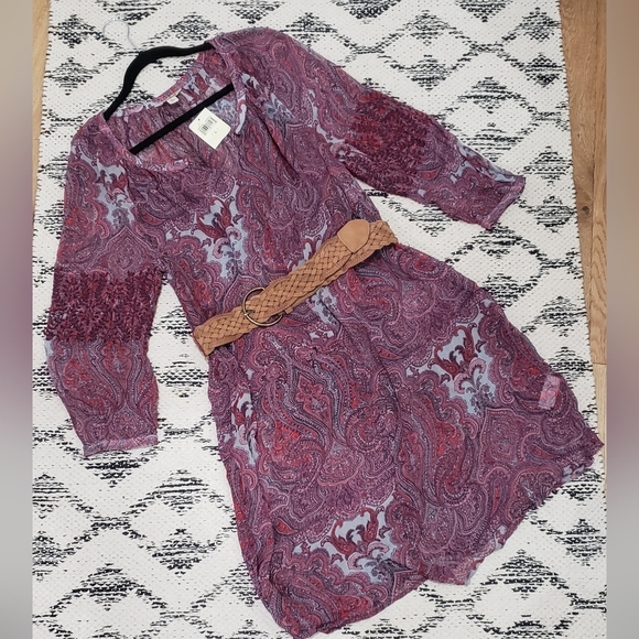 NWT Lucky Brand Sheer Midi Purple Paisley Print Long Sleeve Dress size Large - Picture 2 of 5